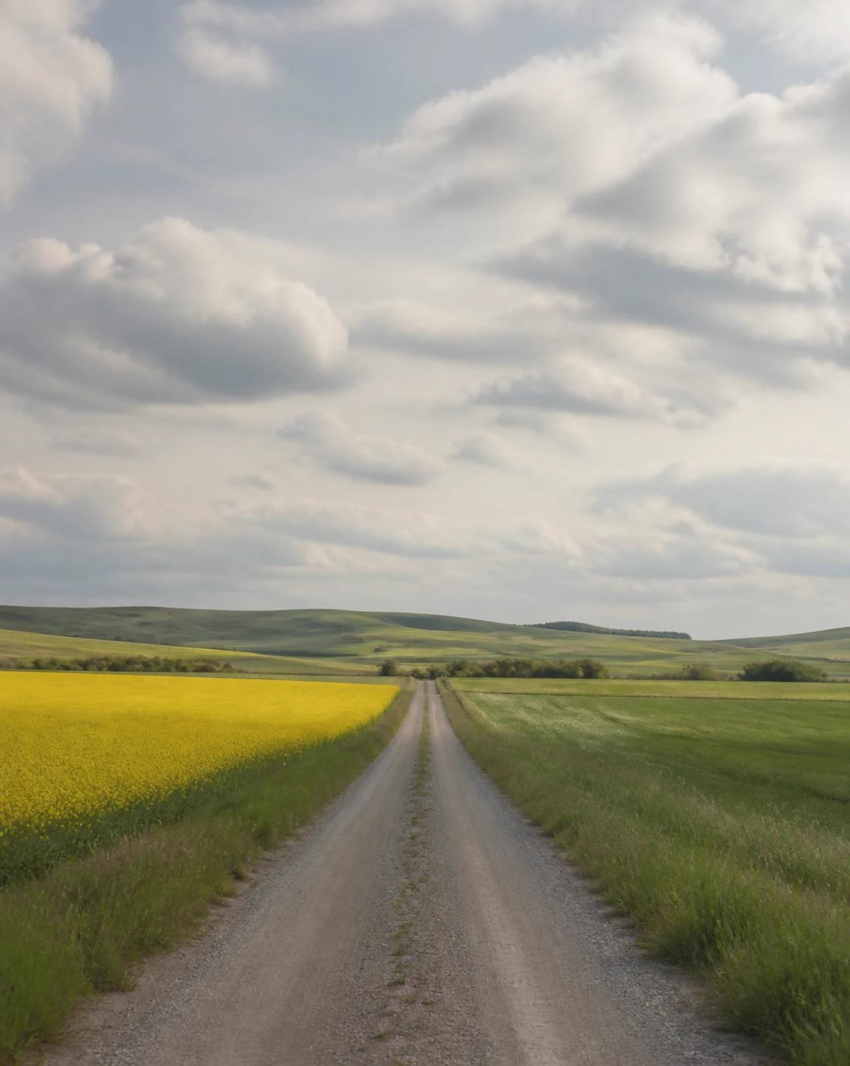 A farm road running between Alberta crop fields