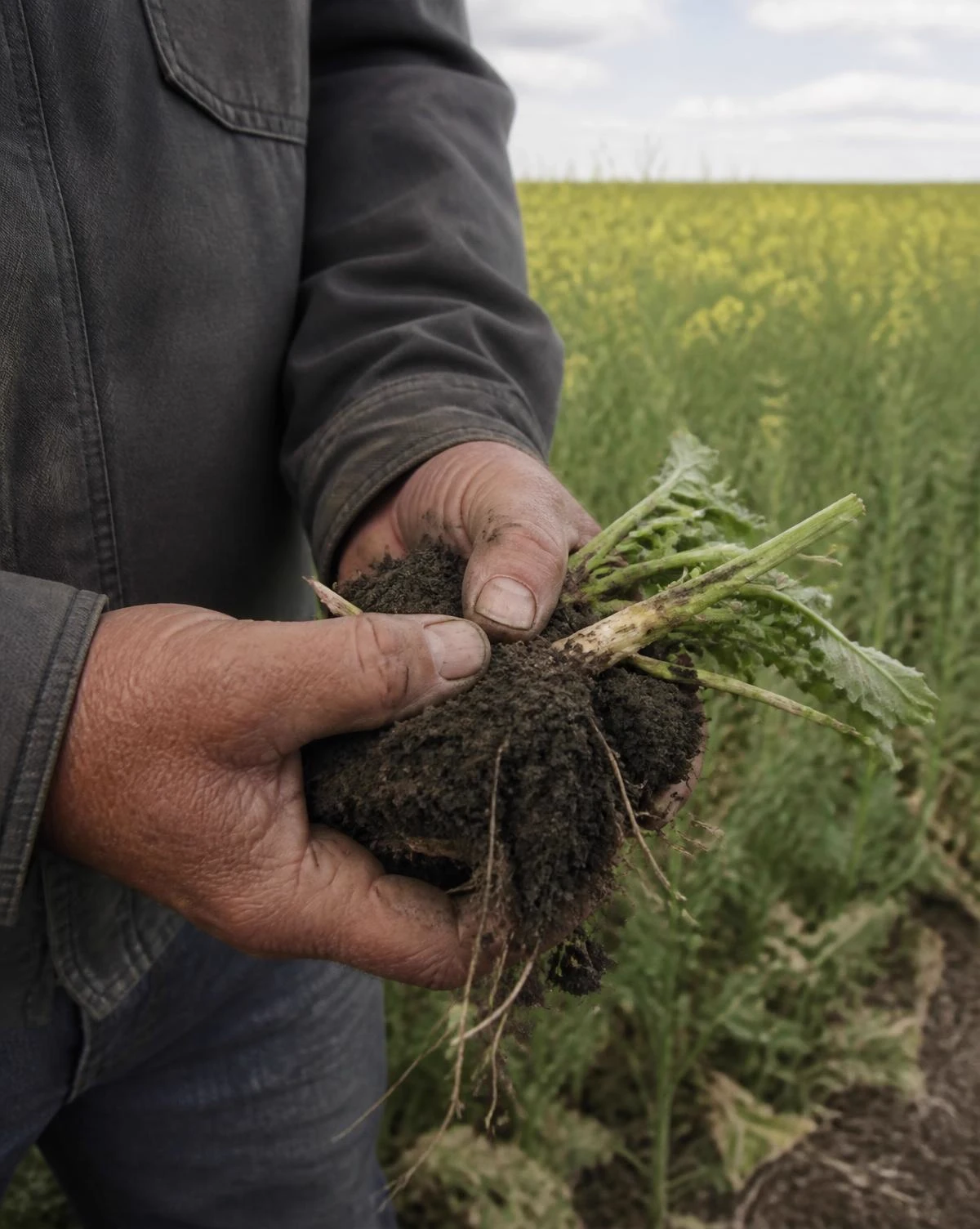 Hands examining soil and crop roots